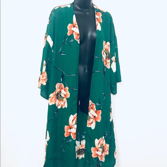 Fall Kimono Floral Print Cardigan Cover Up Emerald - Picture 2 of 5